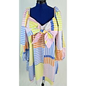 Eloquii women's off shoulder Bow color block striped mid shift dress size 16